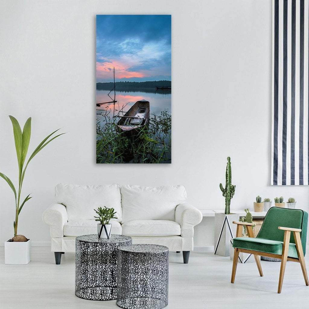 Boat In Blue Lake Vertical Canvas Wall Art-1 Vertical-Gallery Wrap-12" x 24"-Tiaracle