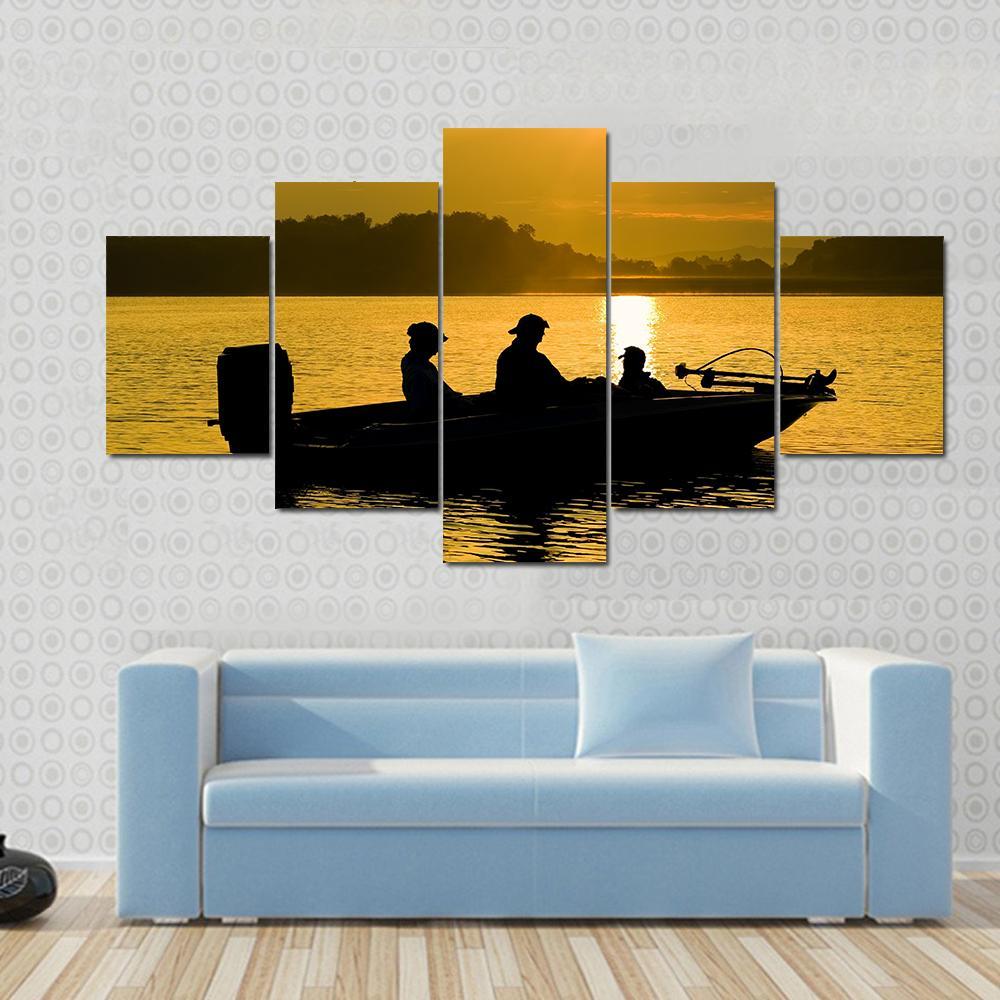 Fishermen Boating Silhouette Canvas Wall Art-5 Star-Gallery Wrap-62" x 32"-Tiaracle
