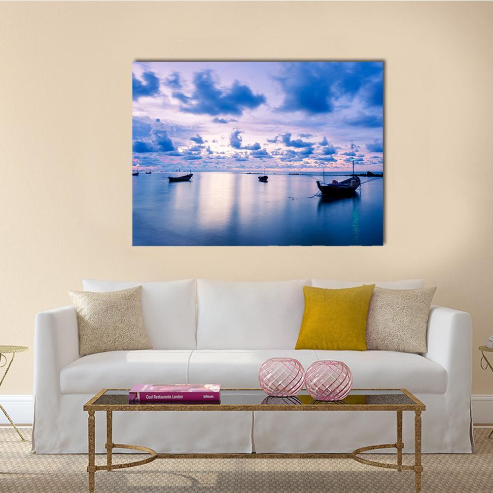 Fishing Boat In Calm Sea Canvas Wall Art-1 Piece-Gallery Wrap-48" x 32"-Tiaracle