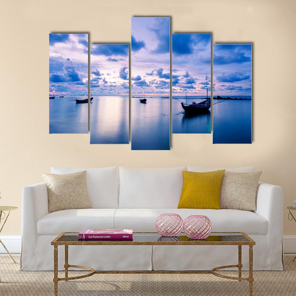 Fishing Boat In Calm Sea Canvas Wall Art-5 Pop-Gallery Wrap-47" x 32"-Tiaracle
