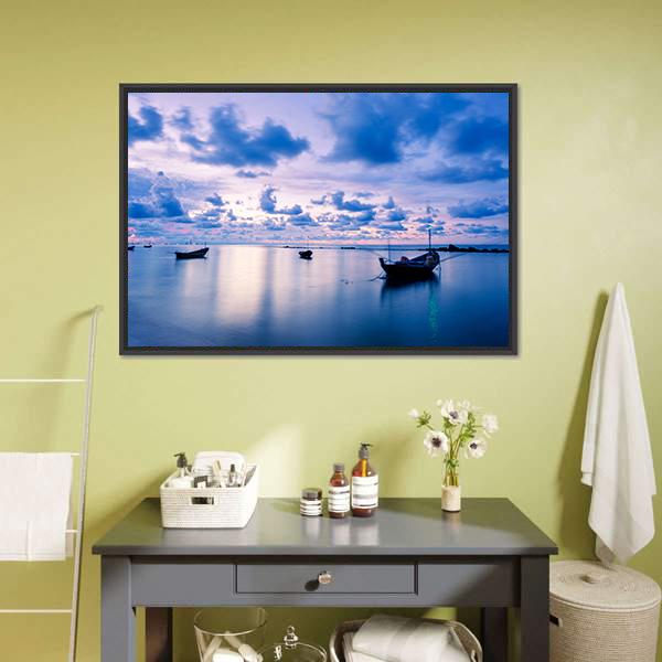 Fishing Boat In Calm Sea Canvas Wall Art-1 Piece-Floating Frame-24" x 16"-Tiaracle