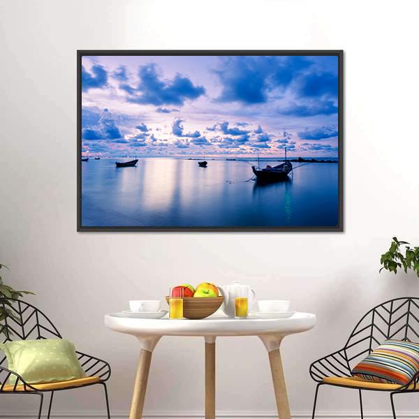 Fishing Boat In Calm Sea Canvas Wall Art-3 Horizontal-Gallery Wrap-25" x 16"-Tiaracle