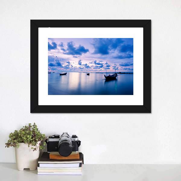 Fishing Boat In Calm Sea Canvas Wall Art-1 Piece-Framed Print-20" x 16"-Tiaracle