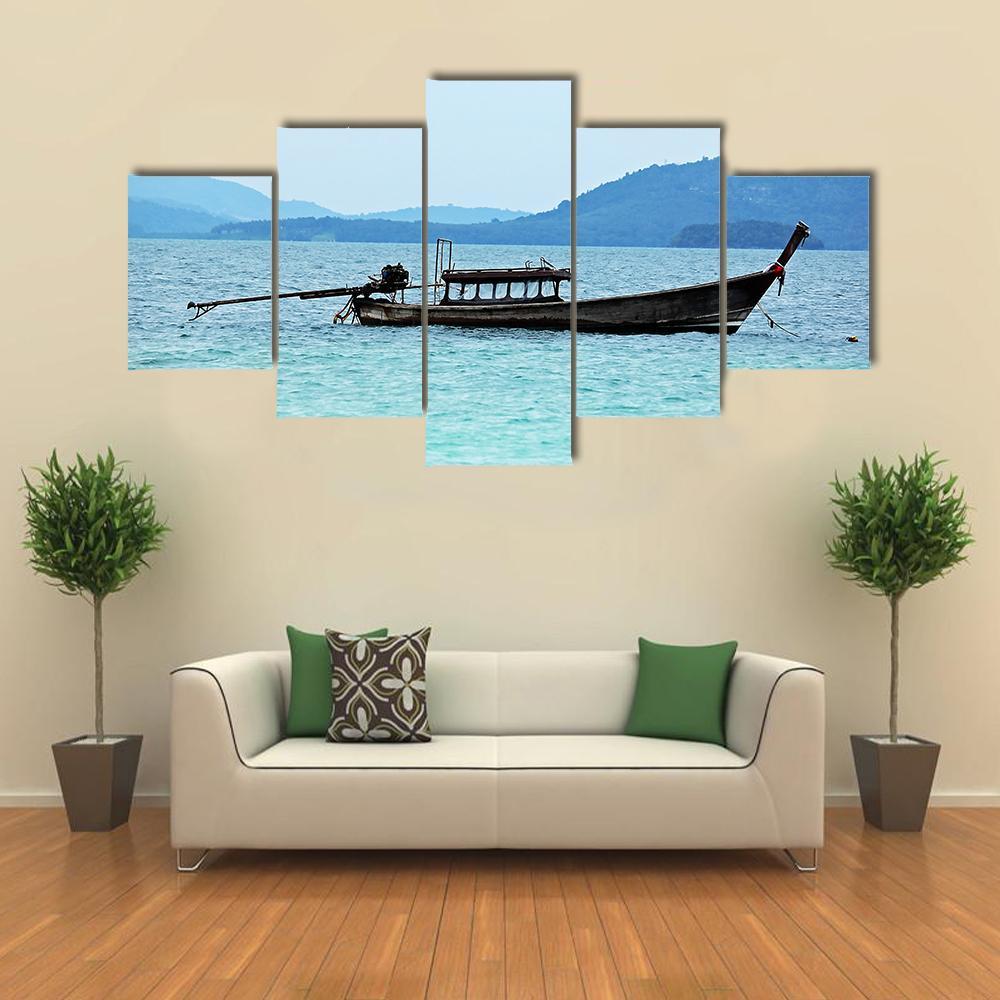 Fishing Boat In Sea Canvas Wall Art-5 Star-Gallery Wrap-62" x 32"-Tiaracle