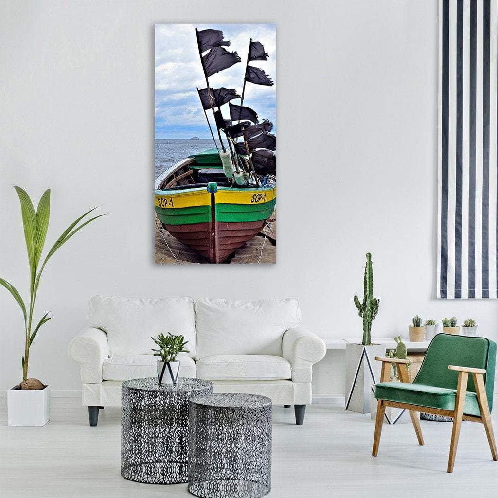 Fishing Boat On Sea Beach Vertical Canvas Wall Art-1 Vertical-Gallery Wrap-12" x 24"-Tiaracle