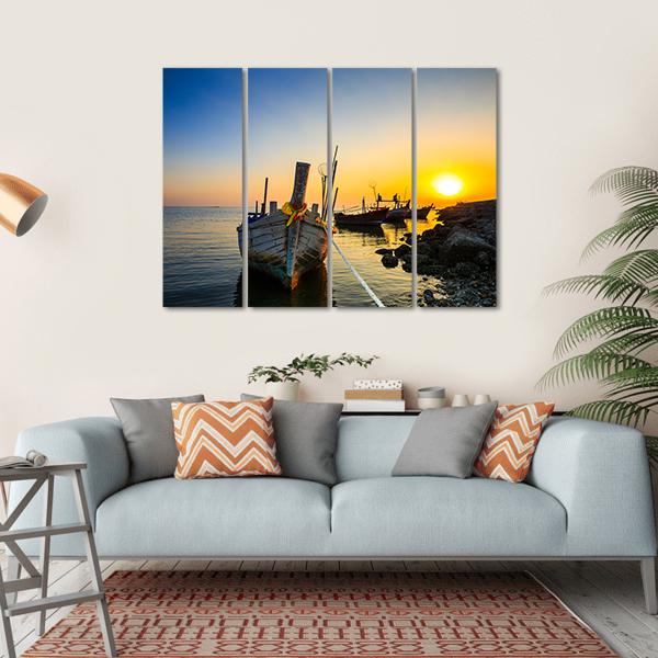 Fishing Boat With Sunset Canvas Wall Art-4 Horizontal-Gallery Wrap-34" x 24"-Tiaracle