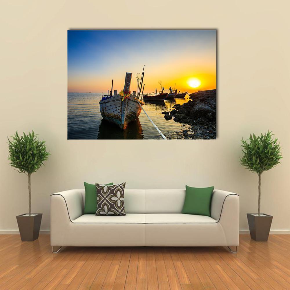 Fishing Boat With Sunset Canvas Wall Art-1 Piece-Gallery Wrap-48" x 32"-Tiaracle