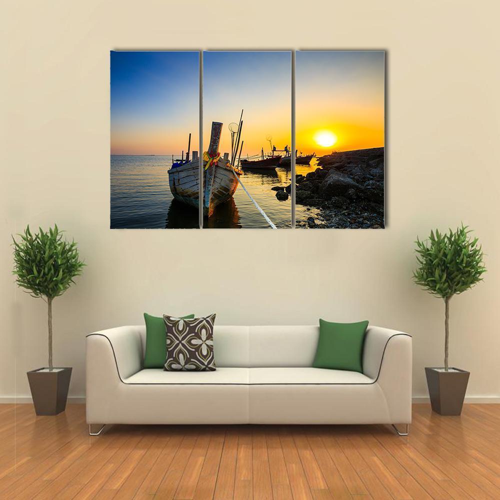 Fishing Boat With Sunset Canvas Wall Art-3 Horizontal-Gallery Wrap-37" x 24"-Tiaracle