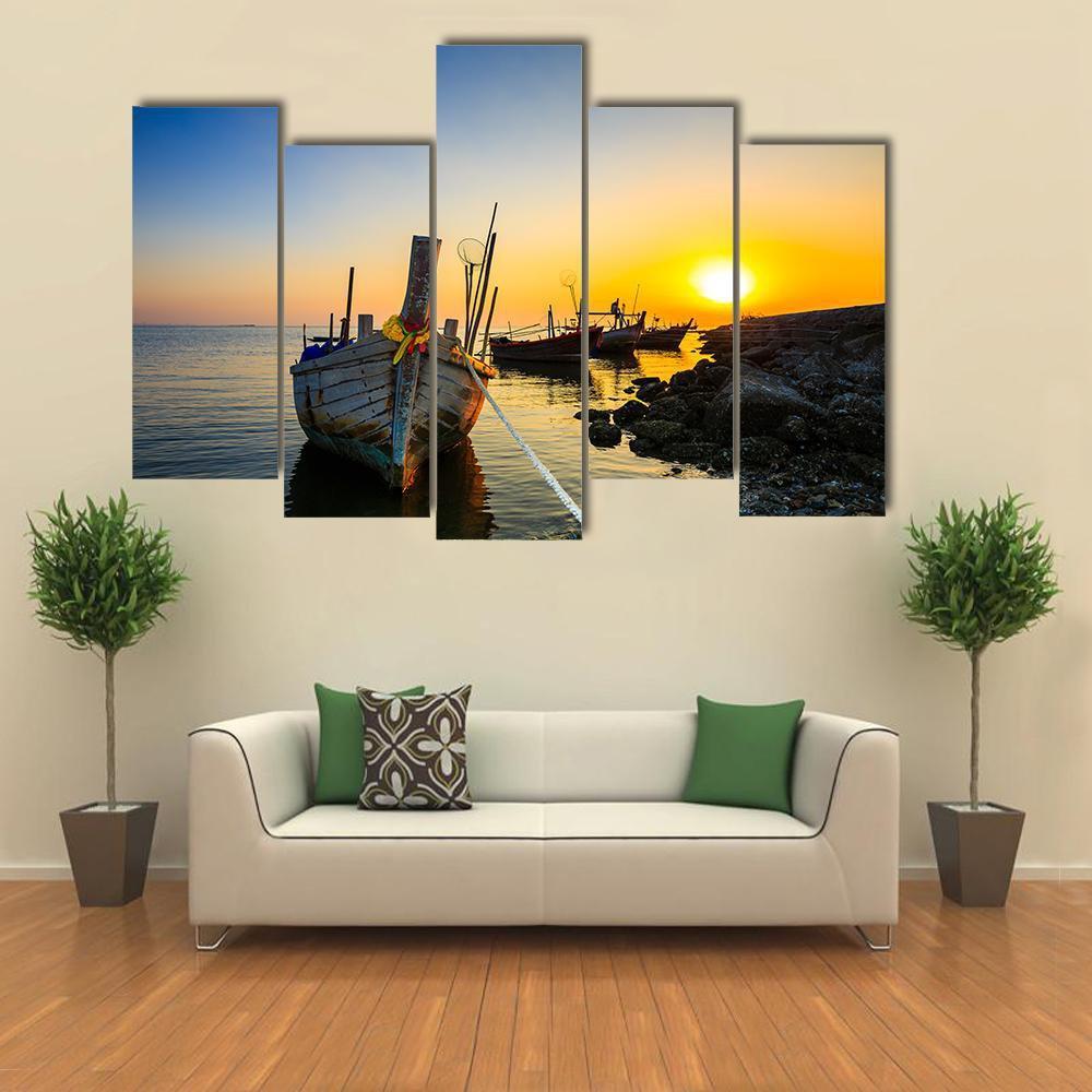 Fishing Boat With Sunset Canvas Wall Art-5 Pop-Gallery Wrap-47" x 32"-Tiaracle