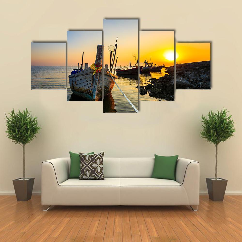 Fishing Boat With Sunset Canvas Wall Art-5 Star-Gallery Wrap-62" x 32"-Tiaracle