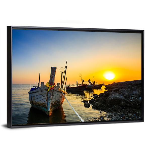 Fishing Boat With Sunset Canvas Wall Art-3 Horizontal-Gallery Wrap-25" x 16"-Tiaracle