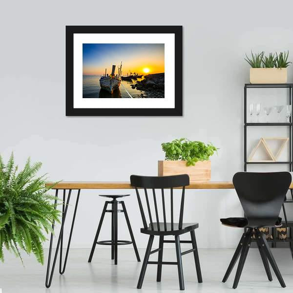 Fishing Boat With Sunset Canvas Wall Art-3 Horizontal-Gallery Wrap-25" x 16"-Tiaracle