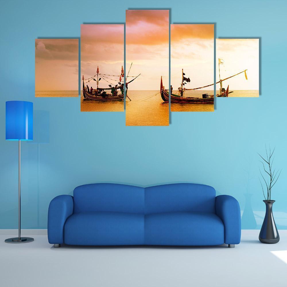 Fishing Boats On Beach Canvas Wall Art-5 Star-Gallery Wrap-62" x 32"-Tiaracle