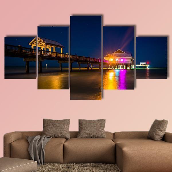 Fishing Pier At Night Canvas Wall Art-5 Star-Gallery Wrap-62" x 32"-Tiaracle
