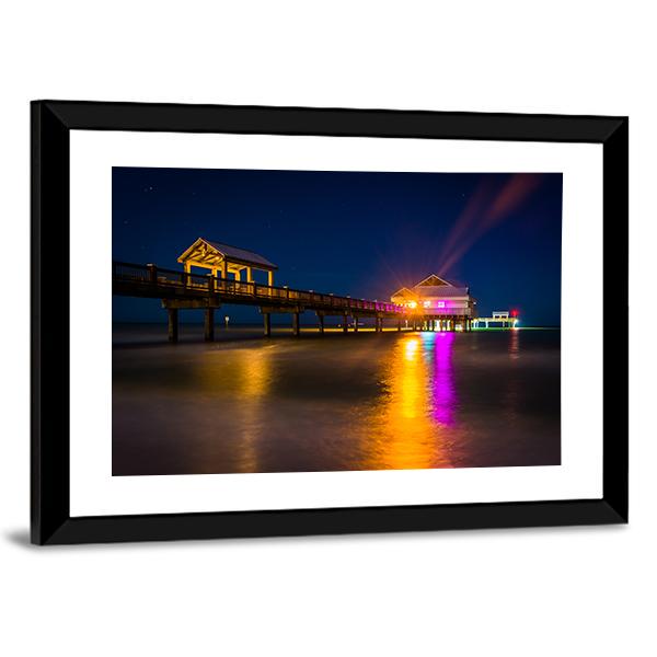 Fishing Pier At Night Canvas Wall Art-3 Horizontal-Gallery Wrap-25" x 16"-Tiaracle