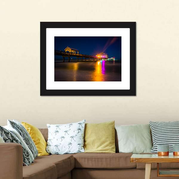 Fishing Pier At Night Canvas Wall Art-3 Horizontal-Gallery Wrap-25" x 16"-Tiaracle