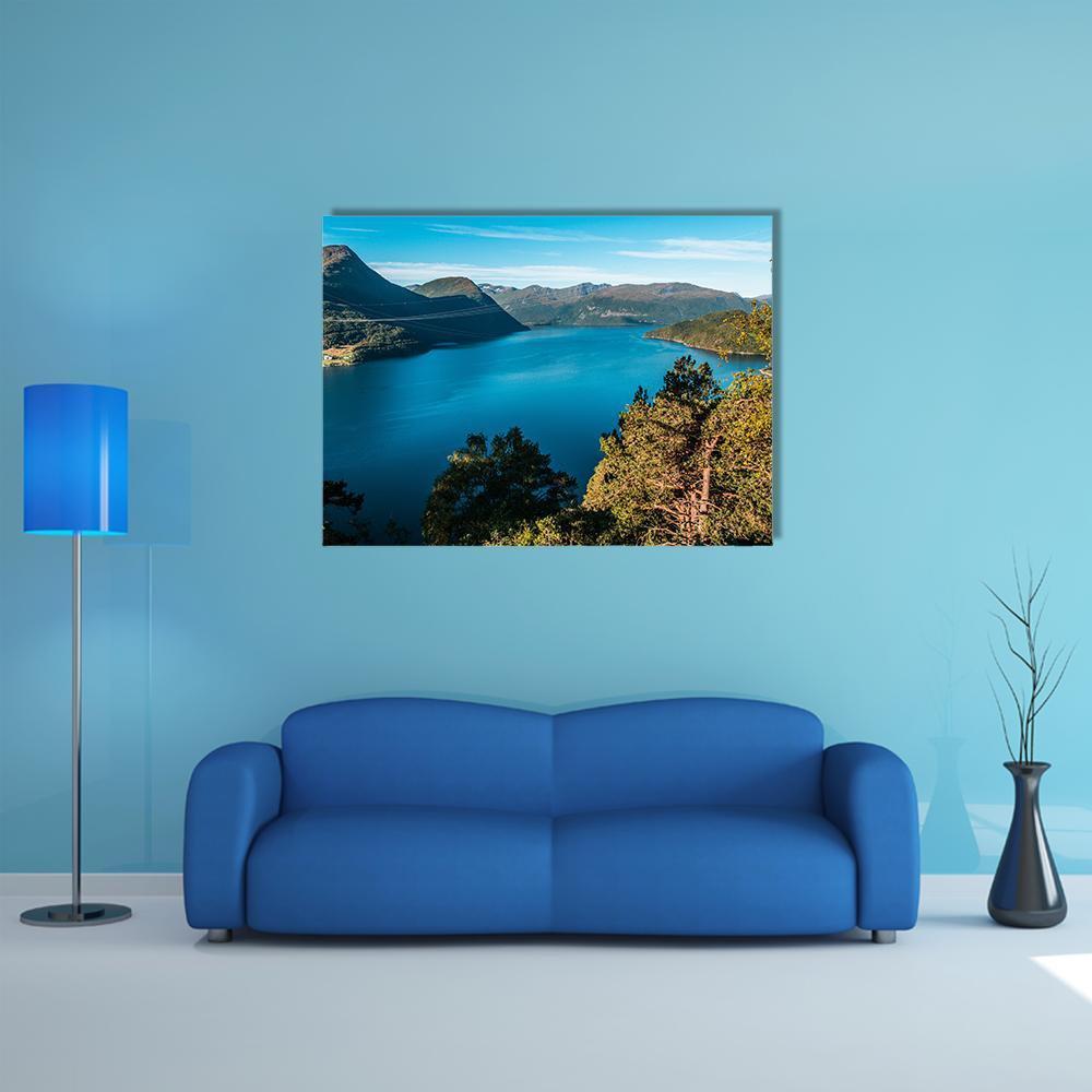 Fjord With Mountains Canvas Wall Art-1 Piece-Gallery Wrap-48" x 32"-Tiaracle
