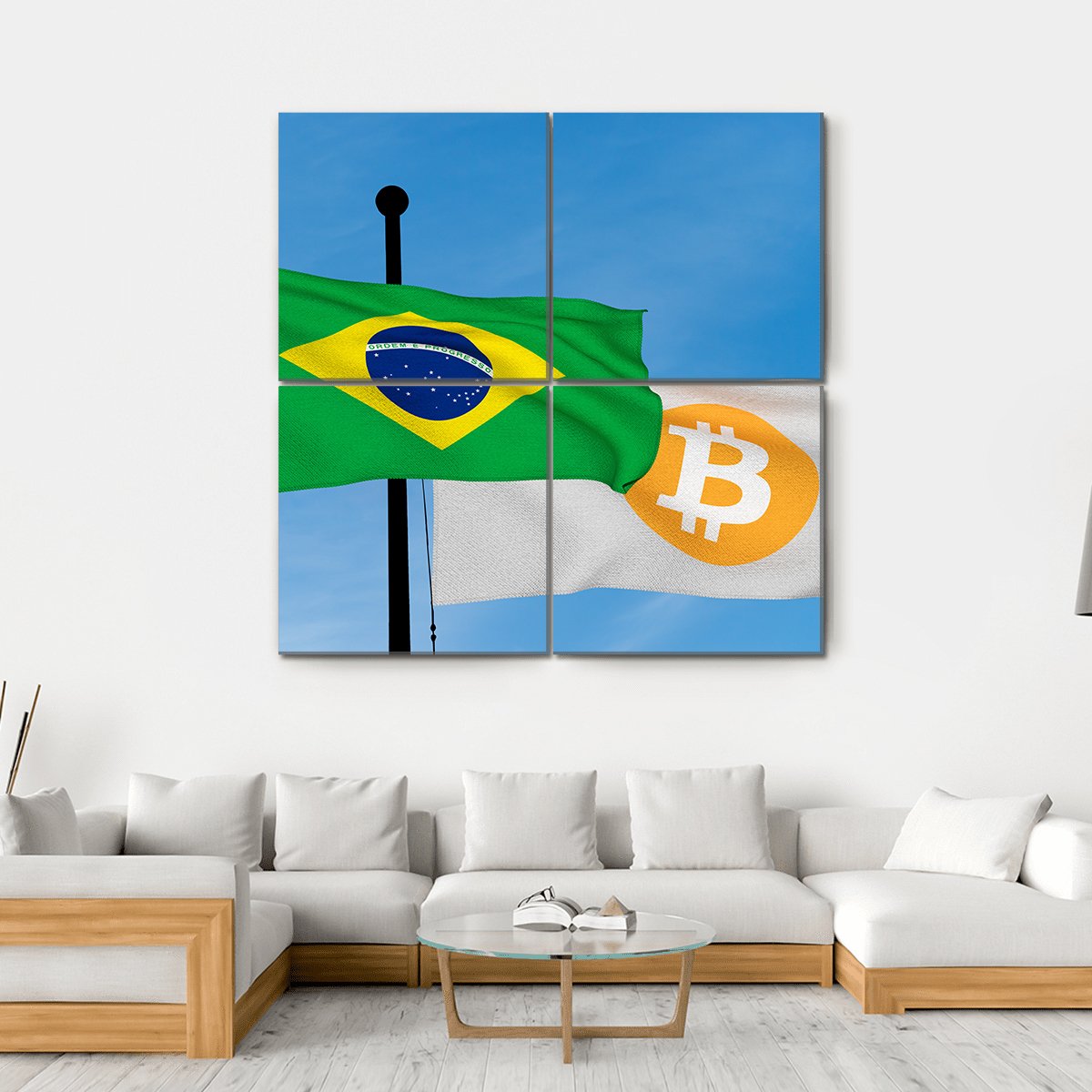 Flag Of Brazil & Bitcoin Canvas Wall Art-4 Square-Gallery Wrap-17" x 17"-Tiaracle