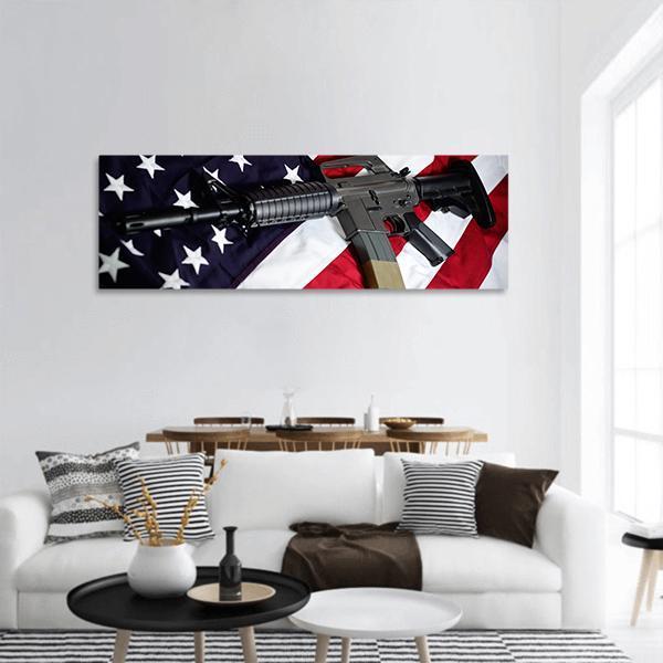 USA Flag With Rifle Panoramic Canvas Wall Art-1 Piece-36" x 12"-Tiaracle