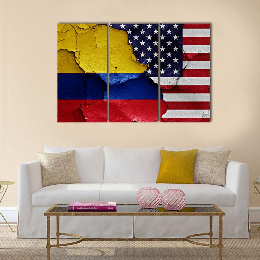 Colombia & USA Flag Canvas Wall Art-3 Horizontal-Gallery Wrap-25" x 16"-Tiaracle