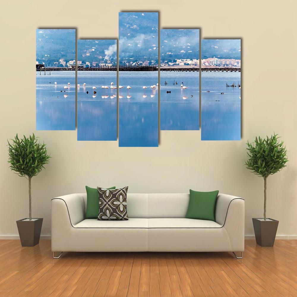 Flamingo Group In Water Canvas Wall Art-5 Pop-Gallery Wrap-47" x 32"-Tiaracle