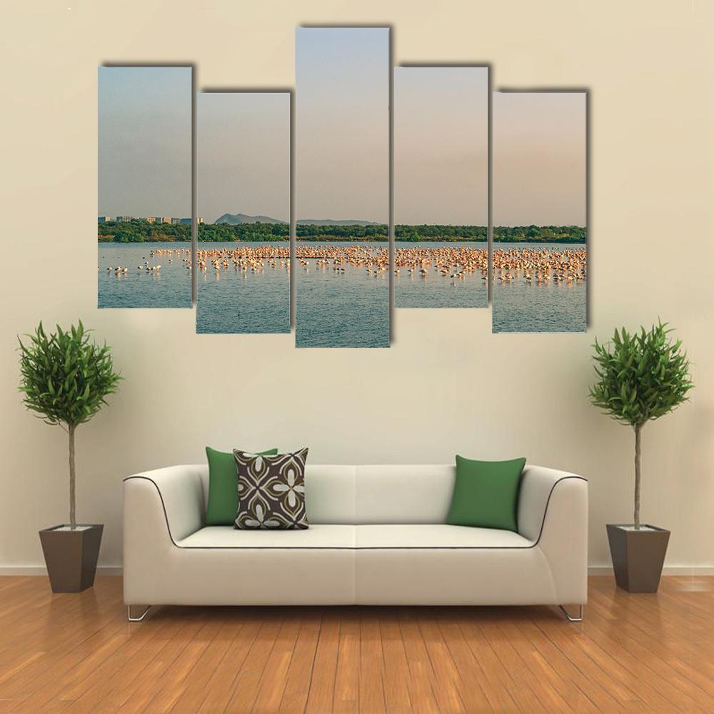 Flamingos Resting On Lake Canvas Wall Art-4 Pop-Gallery Wrap-50" x 32"-Tiaracle