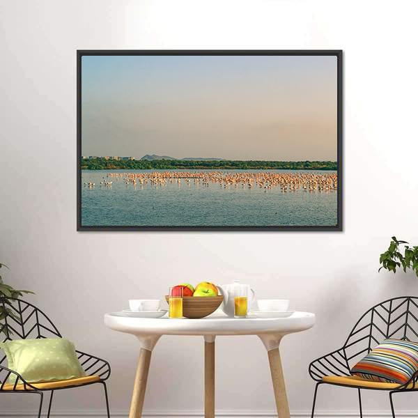 Flamingos Resting On Lake Canvas Wall Art-3 Horizontal-Gallery Wrap-25" x 16"-Tiaracle