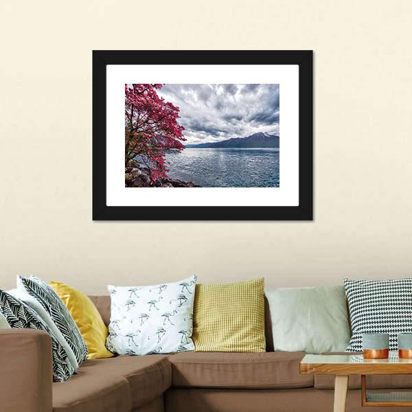 Flowers Against Lake Geneva Canvas Wall Art-3 Horizontal-Gallery Wrap-25" x 16"-Tiaracle