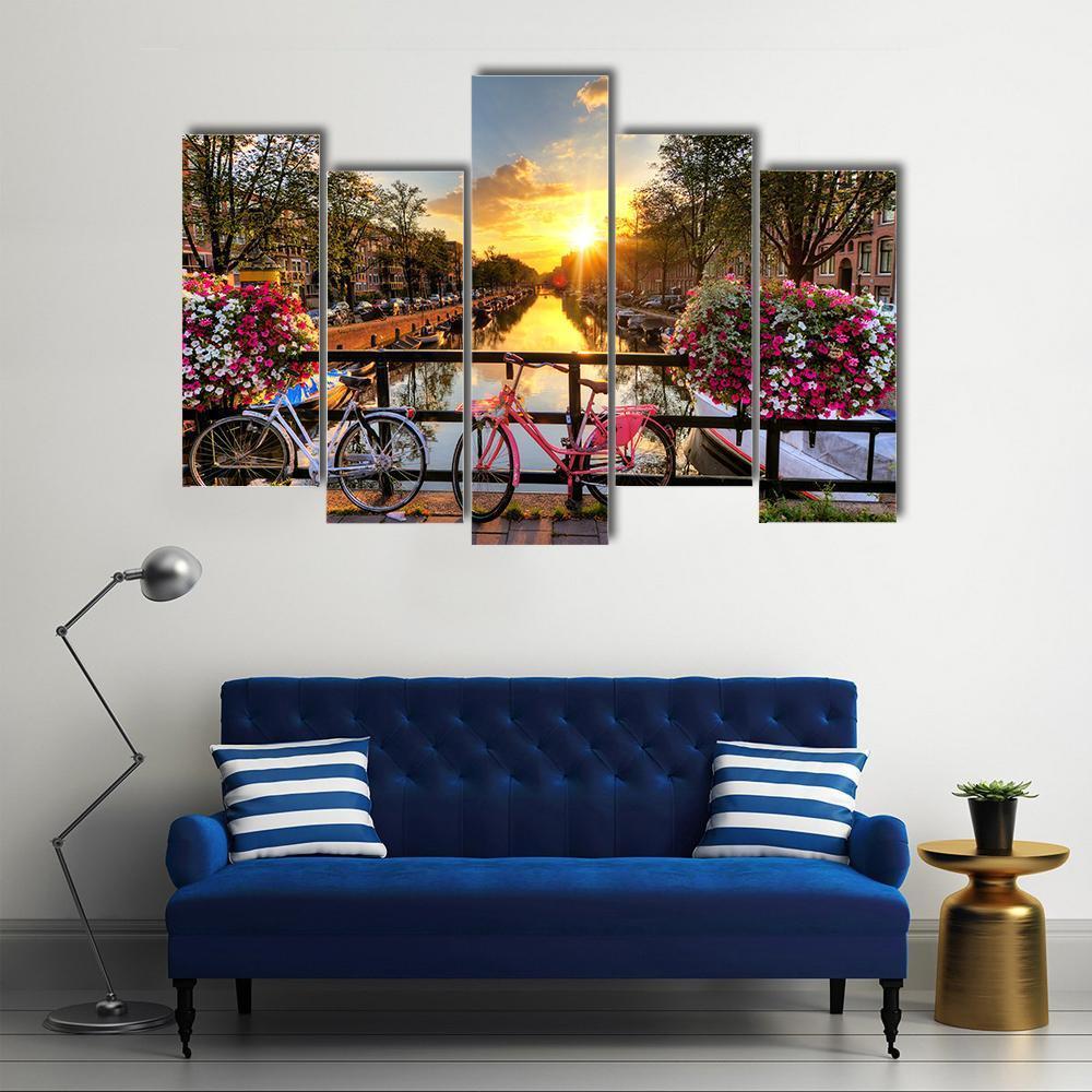 Flowers & Bicycles On Bridge Canvas Wall Art-5 Pop-Gallery Wrap-47" x 32"-Tiaracle