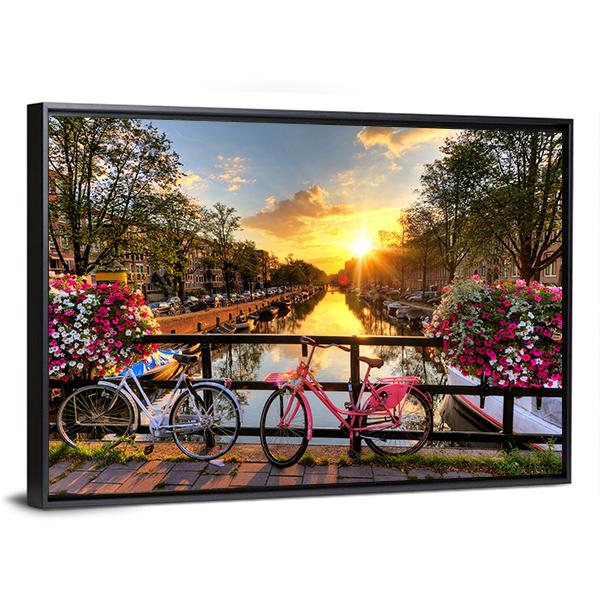 Flowers & Bicycles On Bridge Canvas Wall Art-3 Horizontal-Gallery Wrap-25" x 16"-Tiaracle