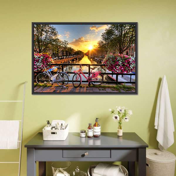 Flowers & Bicycles On Bridge Canvas Wall Art-1 Piece-Floating Frame-24" x 16"-Tiaracle