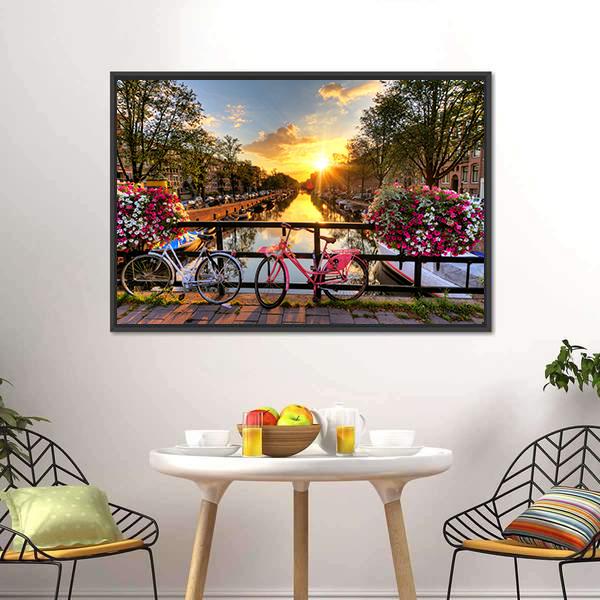 Flowers & Bicycles On Bridge Canvas Wall Art-3 Horizontal-Gallery Wrap-25" x 16"-Tiaracle