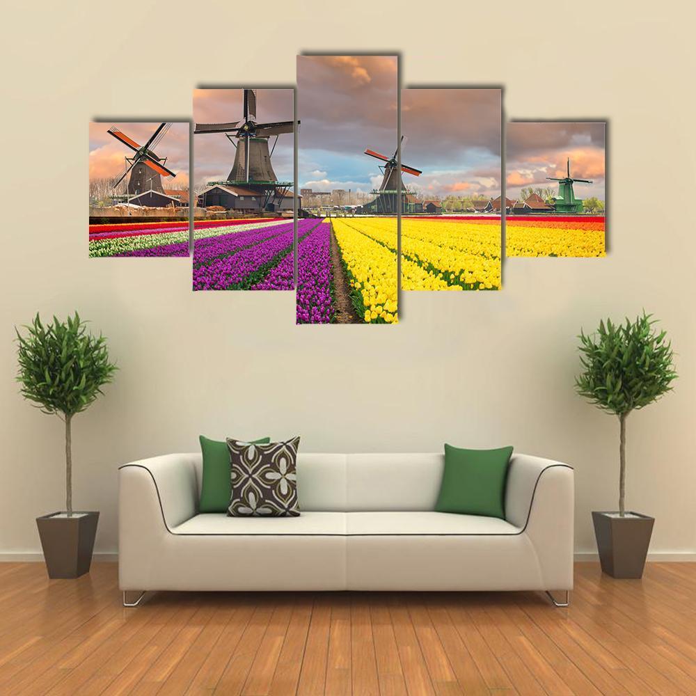 Flowers Fields & Windmill Canvas Wall Art-5 Star-Gallery Wrap-62" x 32"-Tiaracle