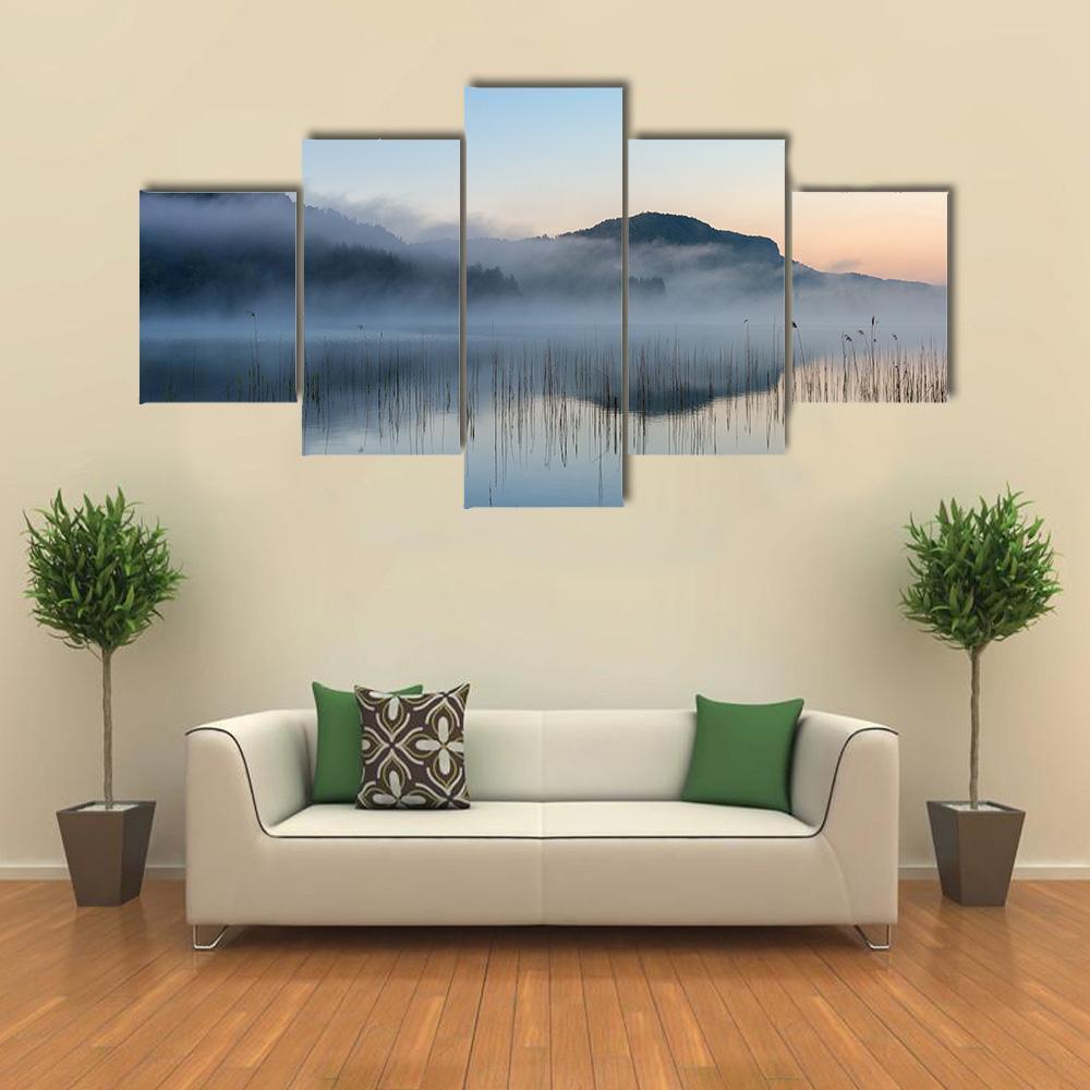 Fog On Lake Of Ilay Canvas Wall Art-5 Star-Gallery Wrap-62" x 32"-Tiaracle