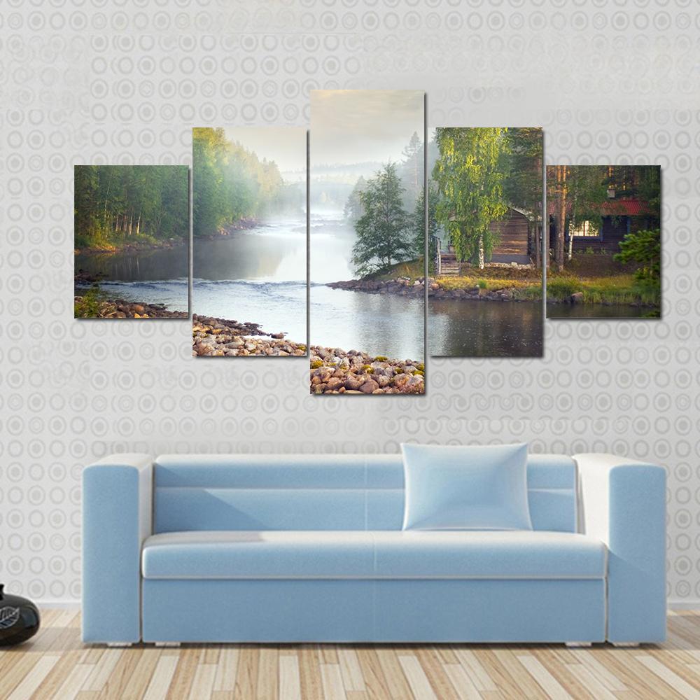 Fog Over River Canvas Wall Art-5 Star-Gallery Wrap-62" x 32"-Tiaracle