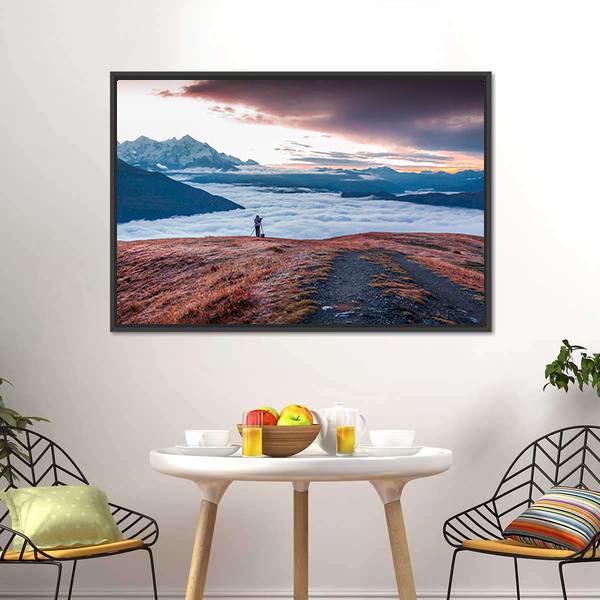 Foggy Caucasus Mountains Canvas Wall Art-1 Piece-Floating Frame-24" x 16"-Tiaracle