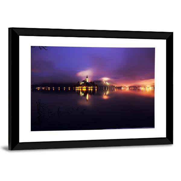 Foggy Dusk In Bled Lake Canvas Wall Art-5 Horizontal-Gallery Wrap-22" x 12"-Tiaracle