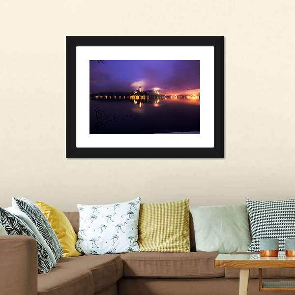 Foggy Dusk In Bled Lake Canvas Wall Art-5 Horizontal-Gallery Wrap-22" x 12"-Tiaracle