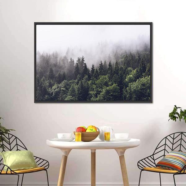 Foggy Forested Mountain Canvas Wall Art-3 Horizontal-Gallery Wrap-25" x 16"-Tiaracle