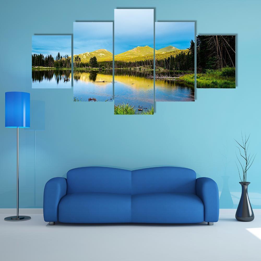 Forest And Mountains With Lake Canvas Wall Art-5 Star-Gallery Wrap-62" x 32"-Tiaracle