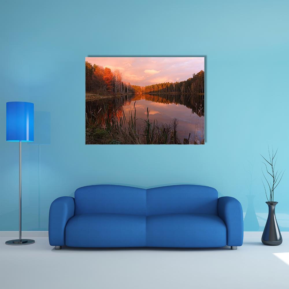 Forest Lake At Sunrise Canvas Wall Art-1 Piece-Gallery Wrap-48" x 32"-Tiaracle