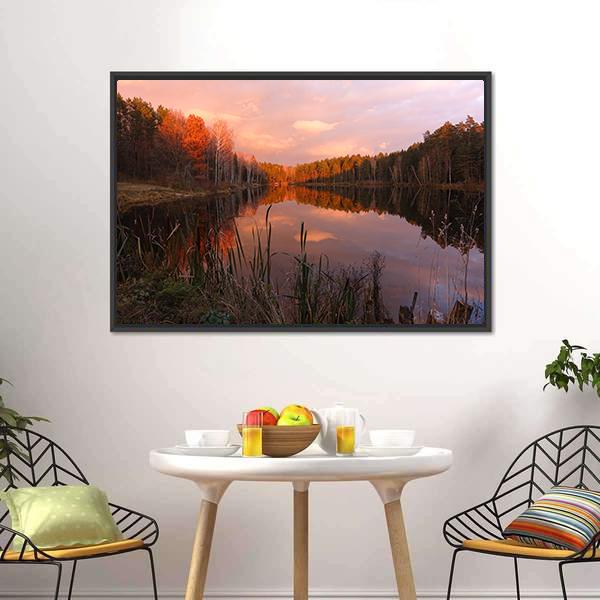 Forest Lake At Sunrise Canvas Wall Art-3 Horizontal-Gallery Wrap-25" x 16"-Tiaracle