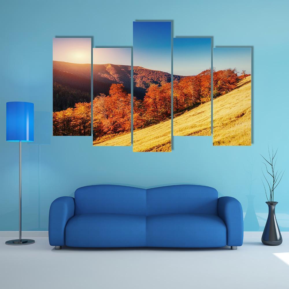 Forest Road In Autumn Canvas Wall Art-5 Pop-Gallery Wrap-47" x 32"-Tiaracle