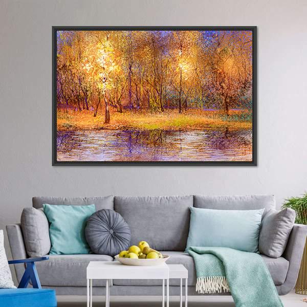 Forest Trees With Lake In Autumn Canvas Wall Art-3 Horizontal-Gallery Wrap-25" x 16"-Tiaracle