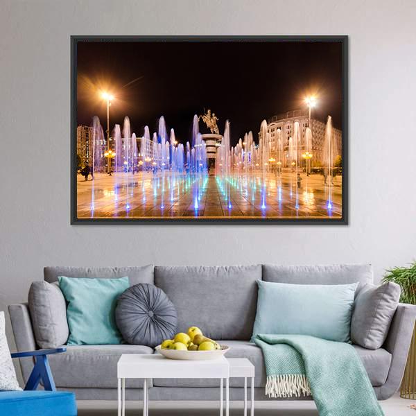 Fountains Of Square Macedonia Panoramic Canvas Wall Art-1 Piece-36" x 12"-Tiaracle