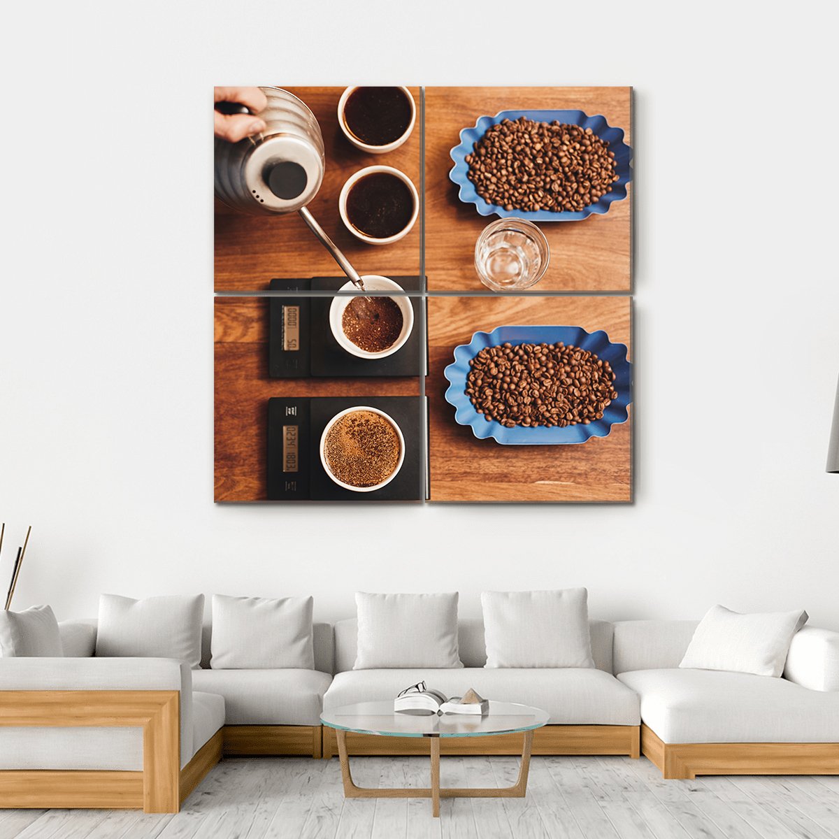 Four Coffee Cup On Table Canvas Wall Art-4 Square-Gallery Wrap-17" x 17"-Tiaracle