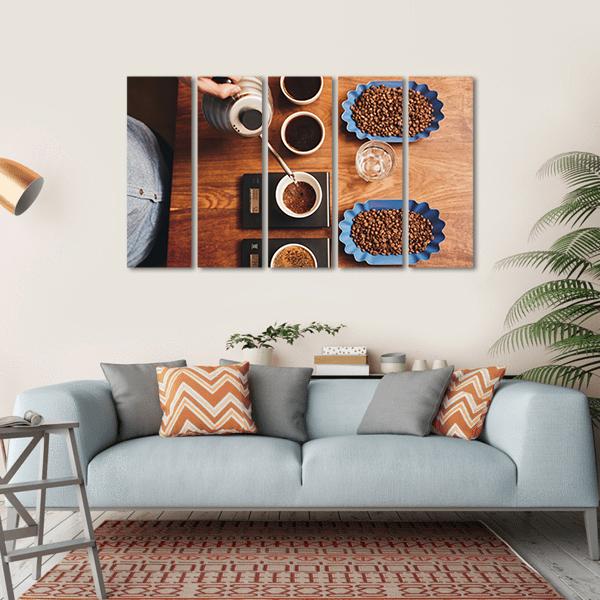 Four Coffee Cup On Table Canvas Wall Art-5 Horizontal-Gallery Wrap-22" x 12"-Tiaracle