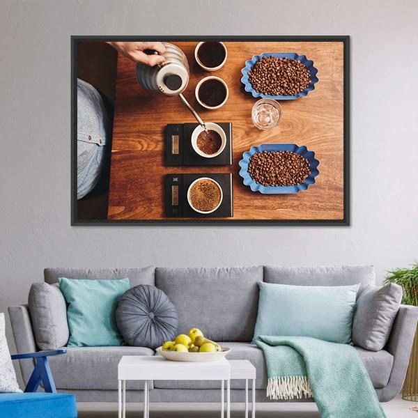 Four Coffee Cup On Table Canvas Wall Art-5 Horizontal-Gallery Wrap-22" x 12"-Tiaracle