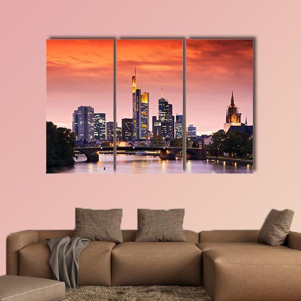 Frankfurt's Skyline After Sunset Canvas Wall Art-3 Horizontal-Gallery Wrap-25" x 16"-Tiaracle