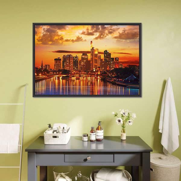 Frankfurt Skyline With Meno River Canvas Wall Art-1 Piece-Floating Frame-24" x 16"-Tiaracle